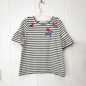 Loft Striped T Shirt with Embroidered Hummingbirds and Ruffled Short Sleeves
